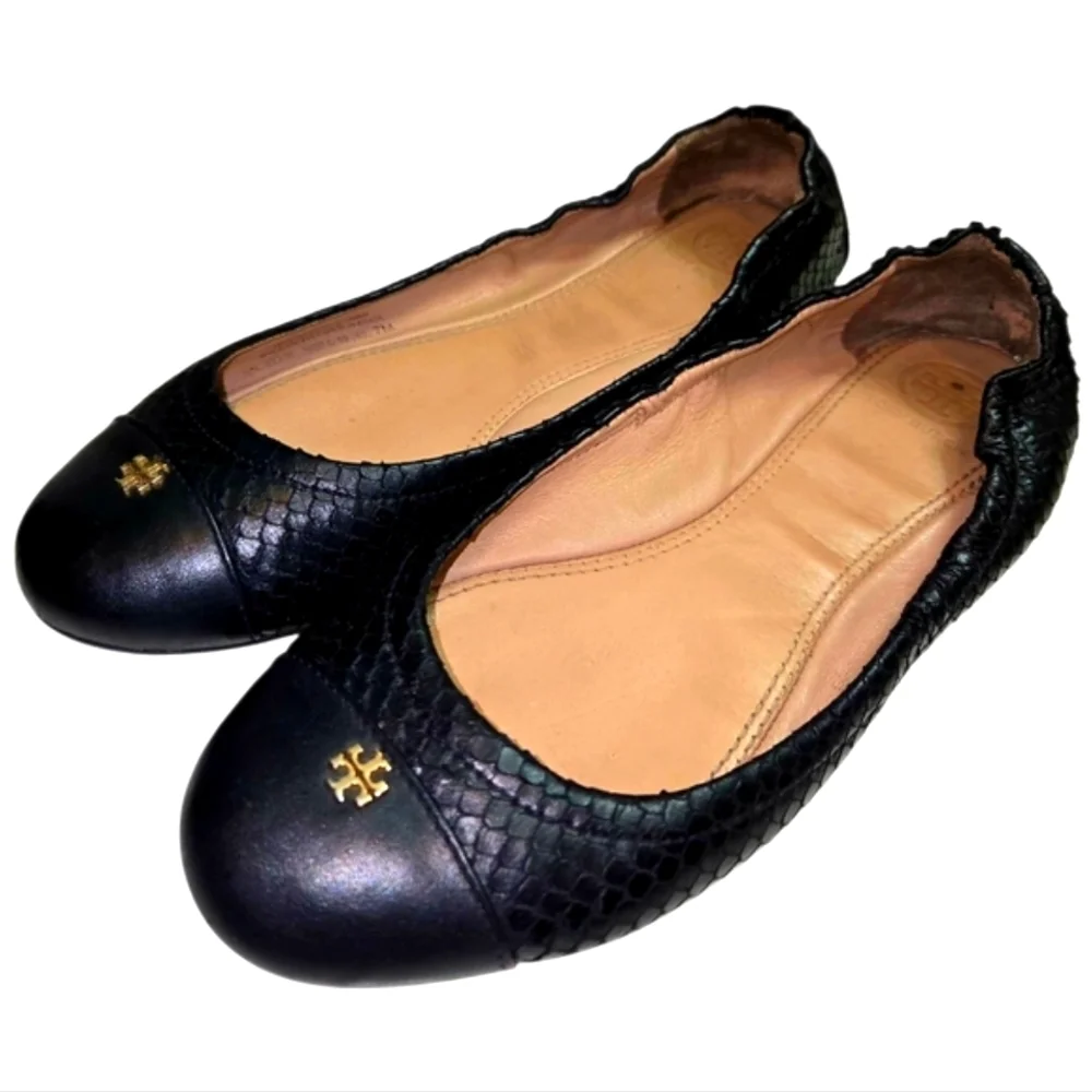 Tory Burch Black Leather Ballet Flats Size 7 Snake Embossed